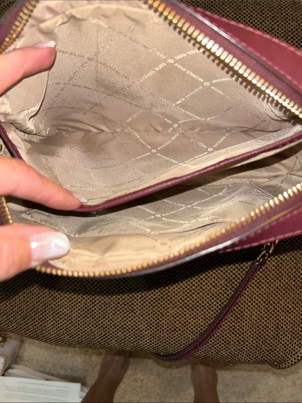 Michael Kors Brown MK Logo Crossbody with Burgundy Trim and Gold Chain - Picture 8 of 12